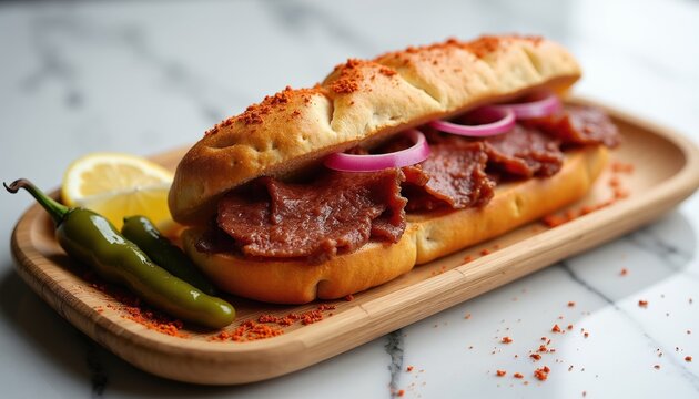 Tantuni doner sandwich served on wooden plate with chili peppers and lemon slice. Meat filling with red onion rings on baked bread. Juicy street food meal.