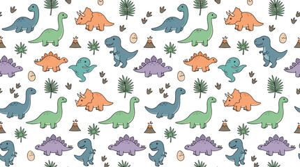 Cute dinosaur seamless pattern with cartoon t-rex triceratops stegosaurus brachiosaurus volcanoes and palm leaves vector background for kids textile design © MdMehedi