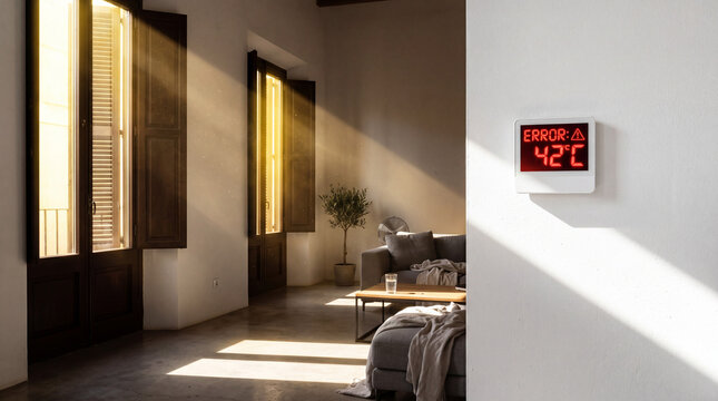 Sunbeams pierce through large wooden shutters into a modern minimalist living room showing an error code on a wall thermostat.
