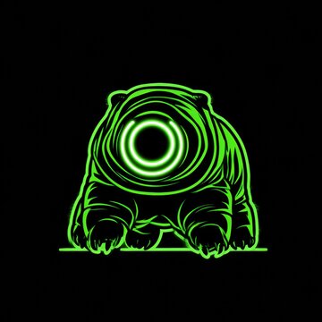 Tardigrade face is shown with a circular glowing mouth and four pairs of short legs. The body is bright green against a dark background.