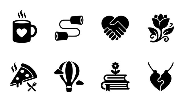 Love, Connection, and Friendship Icons: Heart Mug, Tin Can Phone, Handshake, Rose, Pizza, Hot Air Balloon, Books, Broken Heart Necklace