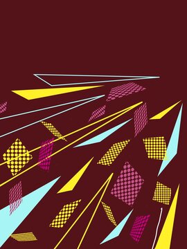 茶色をバックに黄色や赤や水色で丸、三角、の幾何学模様で時空間を表現した背景素材イラスト