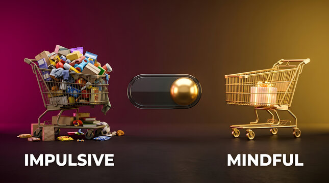 Shopping cart comparison highlights impulsive buying versus mindful consumerism in a modern retail setting