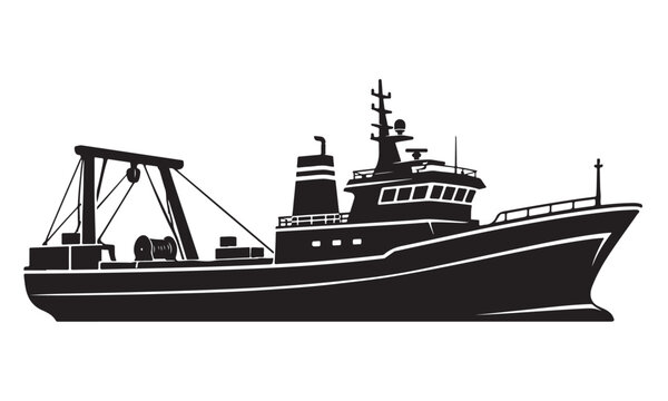 Longliner fishing boat silhouette, longline vessel, ocean sea, vector isolated on white