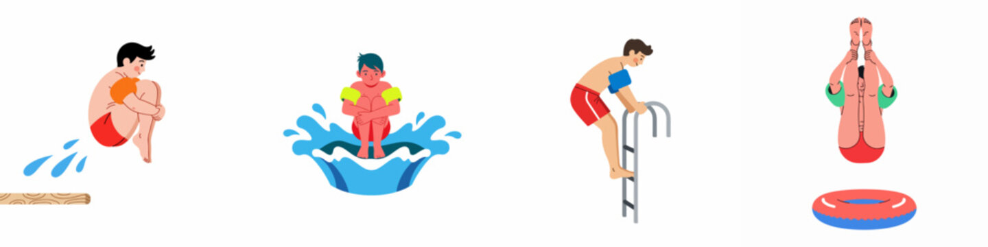Set of cartoon illustrations featuring young boys enjoying various swimming pool activities like diving, jumping, and climbing a ladder.