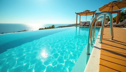 Obraz premium Luxury resort pool overlooks azure ocean. Clear turquoise water sparkles under bright sunlight. Wooden deck features railing, umbrella providing shade. Relaxing scene promotes vacation bliss ideal