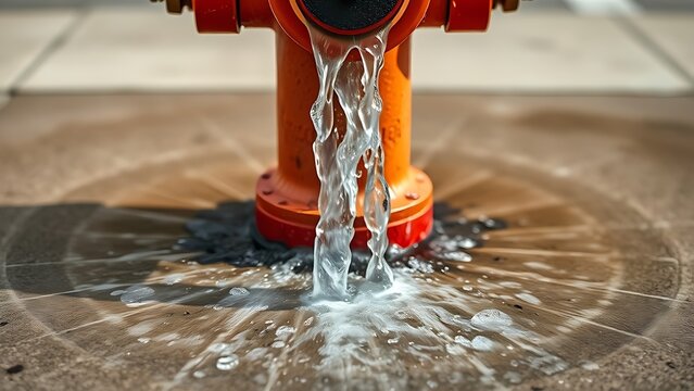 Water streams from a fire hydrant across pavement, radial pattern.