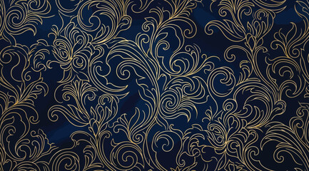 Luxury golden floral damask pattern on dark blue background © Saharia
