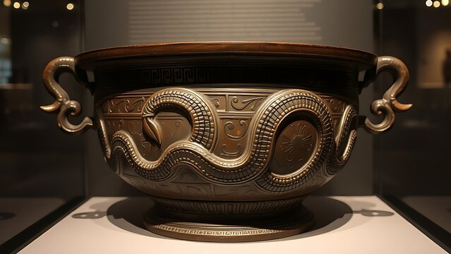 Ancient bronze vessel with engraved multi-headed serpent pattern, detailed metalwork.