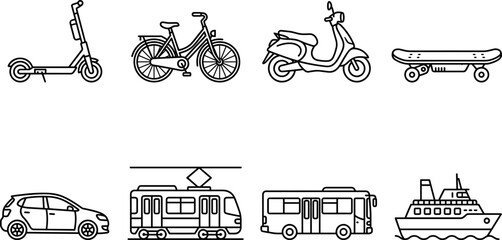 Vector linear icon set featuring public city transport and micromobility symbols including kick scooter bicycle moped skateboard car tram bus and ship © Khairul