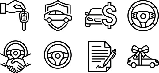 Vector linear icon set featuring automotive business and car sales symbols including steering wheel insurance shield contract handshake and key outlines © Khairul