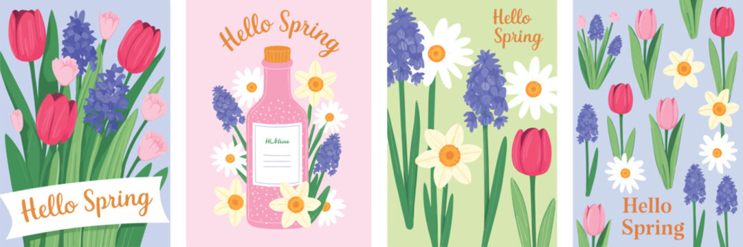 Spring Cards and Posters with Hand Drawn Wildflowers, Narcissus, Tulips, and Daisies for Women's Day, Mother's Day, Easter, and Birthdays