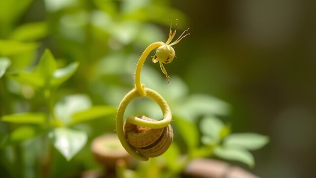 Two symbiotic plants intertwined and a mutual support system, green foliage in natural daylight.