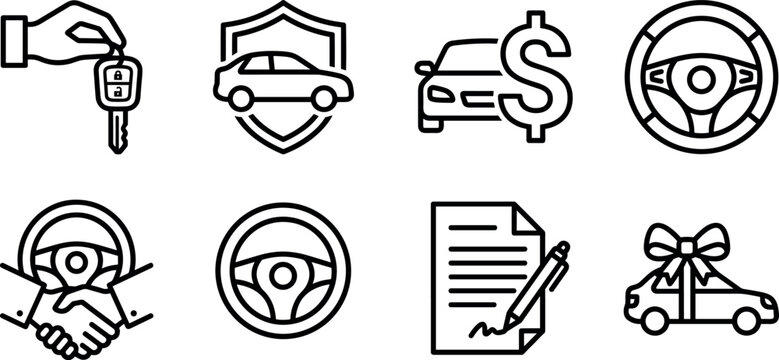 Vector linear icon set featuring automotive business and car sales symbols including steering wheel insurance shield contract handshake and key outlines
