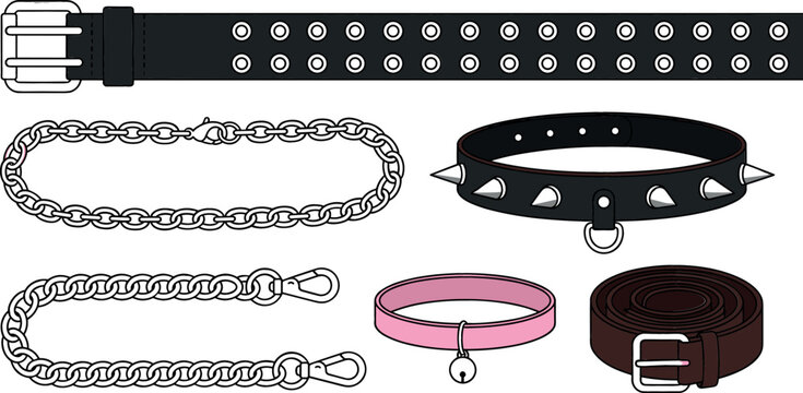 Goth and punk fashion accessory set with black grommet belt spiked collar chokers wallet chains and leather straps vector illustration isolated on white background