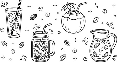 Vector doodle illustration set featuring refreshing summer cold drinks including iced lemonade mason jar berry smoothie fresh coconut and cocktail pitcher © Khairul