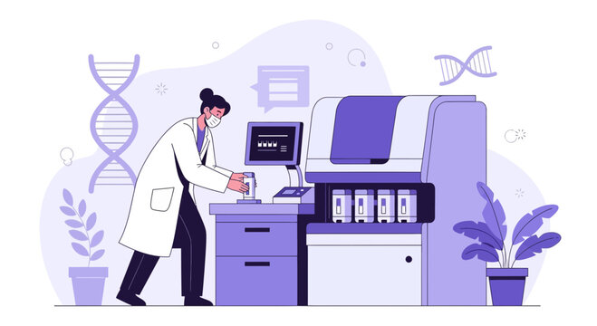 Scientist working with DNA sequencing machine in modern laboratory, genetic research concept