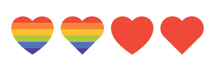 Fototapeta premium LGBTQ pride heart icons vector set. Rainbow, progress pride and love symbol icons. LGBTQIA+ concept vector illustration.