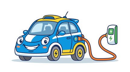 Naklejka premium Cute blue electric car character charging at a power station