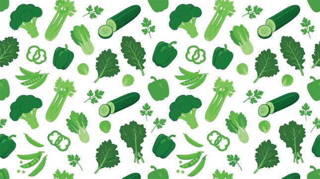 Green vegetables seamless pattern background featuring healthy organic broccoli cucumber celery bell pepper kale and peas vector illustration