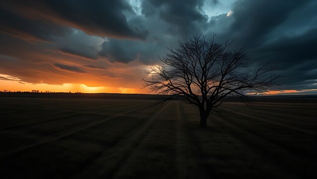 Single leafless tree in a vast field under a stormy twilight sky with dark clouds.