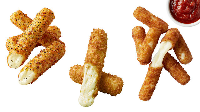 Appetizing mozzarella cheese sticks with golden crispy coating, stretching melted cheese, and a bowl of marinara sauce. Perfect for food, restaurant, fast food, and menu photography.