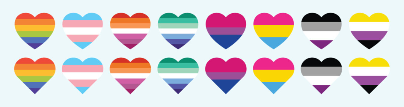 LGBTQ Pride heart icons vector collection. Set of heart vector of LGBTQI+ pride color. Pride love heart LGBTQ identity icons.