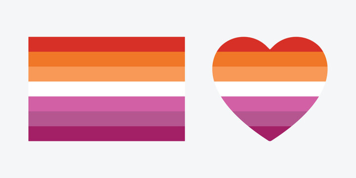 Lesbian pride flag and heart vector set. LGBTQ wlw Heart Flag Illustration represent woman love woman.