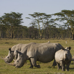 Fototapeta premium Group of white rhinoceroses grazing in the african savanna with animal world wild animals nature reserve