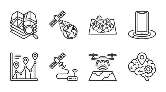 Geospatial mapping technology and satellite navigation system line icons including drone surveying data analysis and global positioning telemetry