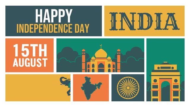 Happy India Independence Day Animation &ndash; Bold typography and iconic Indian landmarks animate across a modern grid layout in a seamless 4K loop, creating an engaging background for event screens.