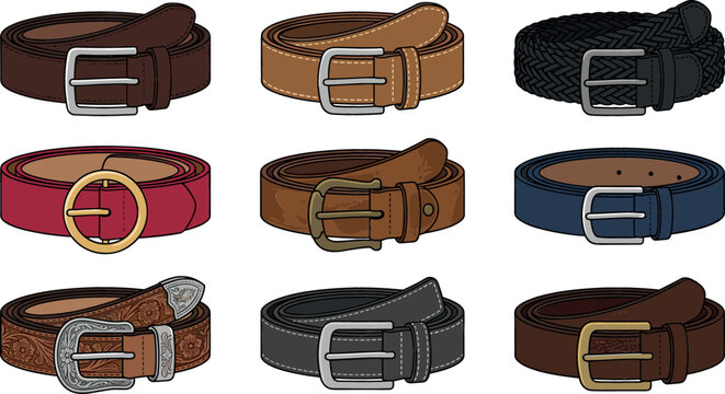 Leather and fabric waist belts icon set with classic metal buckles braided woven western and fashion straps vector illustration isolated on white background