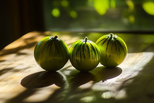 setting green zebra tomatoes in natural kitchen
