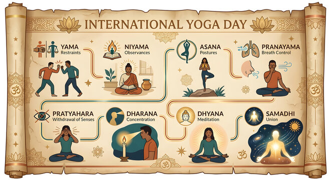 International Yoga Day - Infographic illustrating the eight limbs of yoga, principles of Yama, Niyama, Asana, Pranayama, Pratyahara, Dharana, Dhyana, Samadhi.