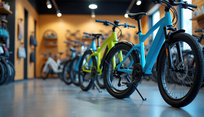 Fototapeta premium Row of colorful electric bicycles for sale in modern shop. Various e-bikes on display, clean showroom interior with bike accessories on wall. New generation urban personal transport.