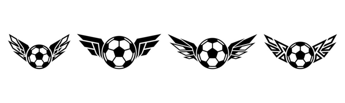 Winged soccer ball logo templates. Black and white flying football icons set for sports club identity, team emblem, and tournament design.