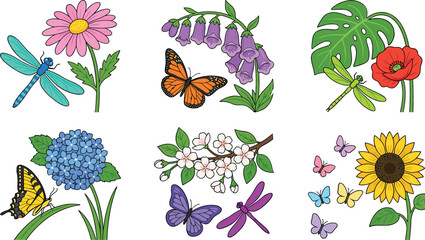 Spring floral illustration set with colorful butterflies dragonflies daisy foxglove monstera poppy hydrangea cherry blossom and sunflower vector elements © MdMehedi