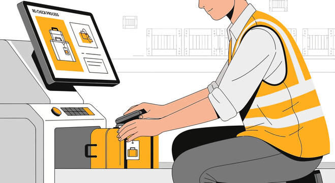 Airport worker scanning luggage at security checkpoint with computer screen
