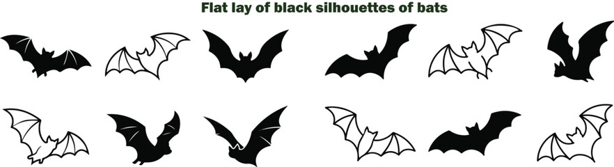 Fototapeta premium Black silhouettes of bats in flat lay arrangement on white Background. 