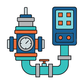 Mechanical flow meter assembly connected to a wall control unit with industrial pipes on a white background industrial technology concept