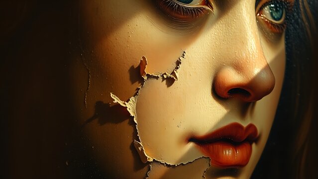 Close-up of a classical portrait with peeling paint revealing canvas texture.