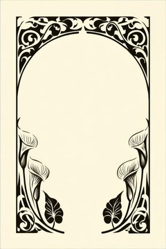 Bold Art Nouveau vector frame border for A4 page with solid black flowing stems, leaves, and subtle calla lily corners, large empty center space, high contrast decorative design
