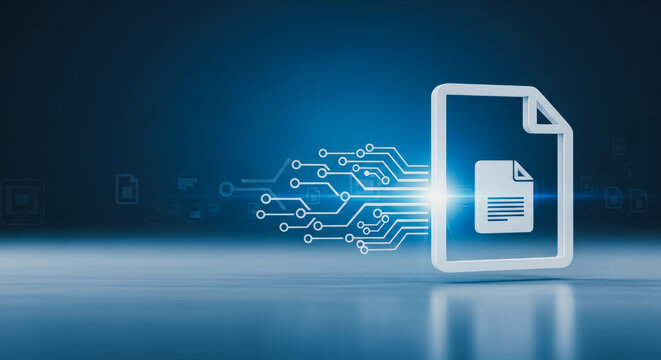 3D digital document icon with circuit lines in a glowing blue background representing electronic data management