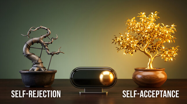 Self rejection vs self acceptance concept with bonsai trees