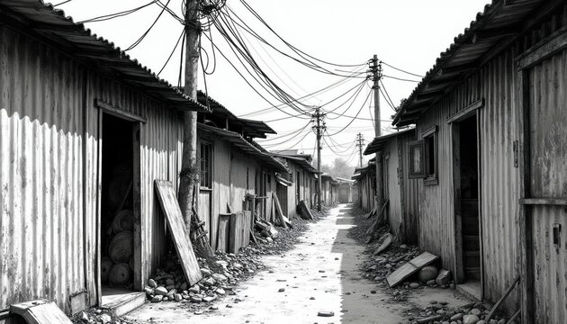 Dilapidated shanty town alleyway with corrugated metal buildings. Overhead power lines crisscross a desolate path between structures. Rubble litters the ground.