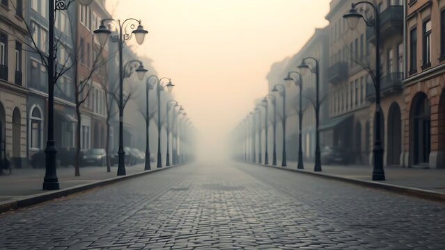 A quiet, misty morning on an empty cobblestone street with vintage lampposts.