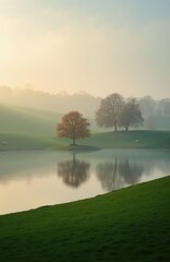 Fototapeta premium Misty morning over rolling green hills with calm lake reflecting bare trees. One tree shows autumn colors. Sheep graze on distant grassy slopes.