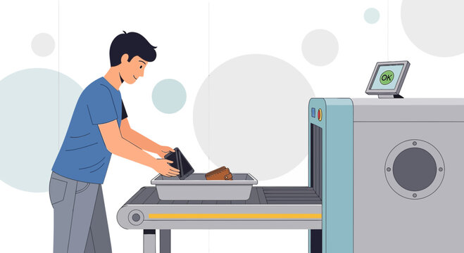 Airport Security Screening: Man Placing Items on Conveyor Belt for X-ray