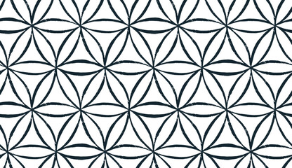 Fototapeta premium Seamless pattern with black and white sacred geometry Flower of Life symbol with hand drawn brush strokes and rough textured edges