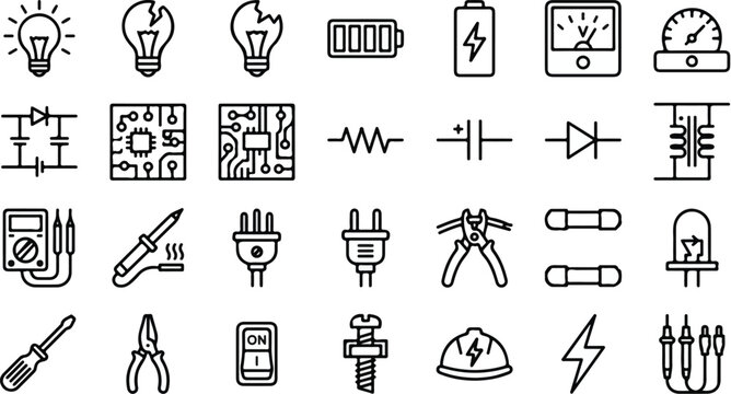Various electrical and industrial icons are illustrated in a single line.